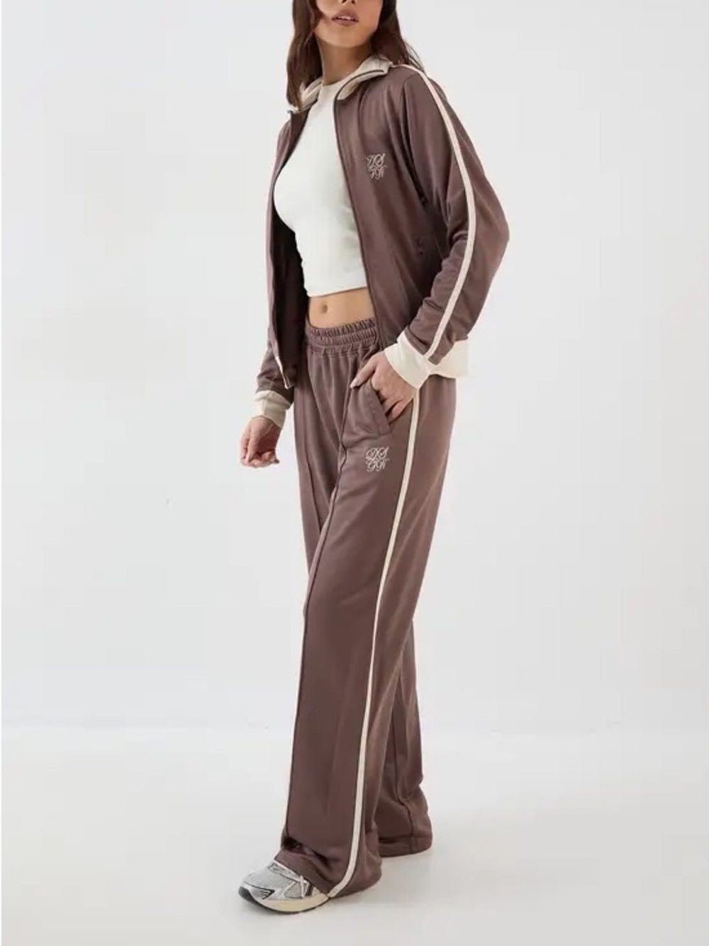 Boohoo MAN Chocolate Brown Track Side Stripes elastic waist Rose embroidered Med